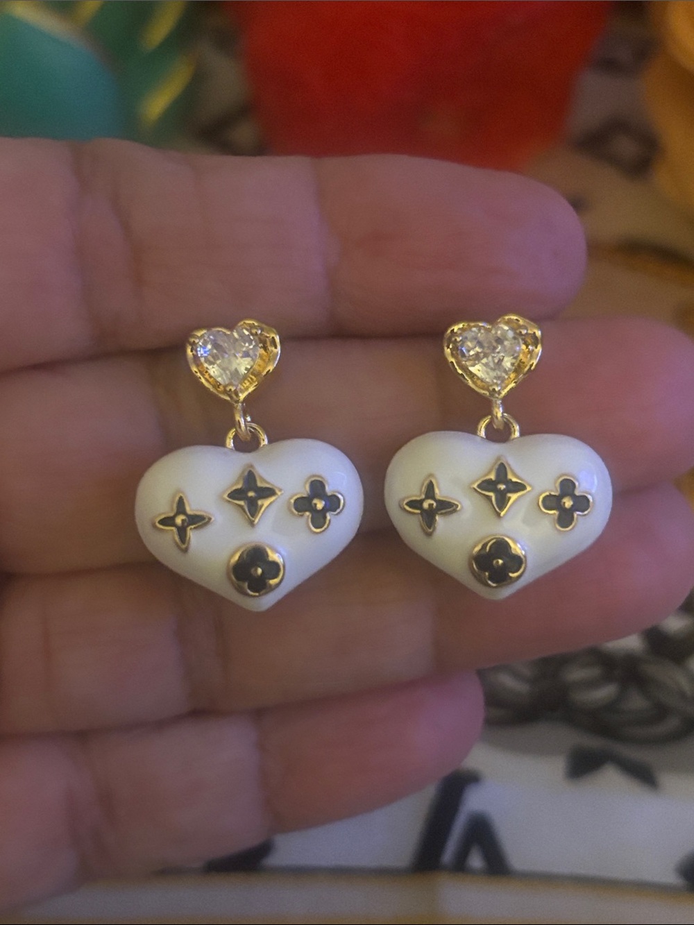 White Heart Drop Earrings with Gold Motif and Crystal Stud